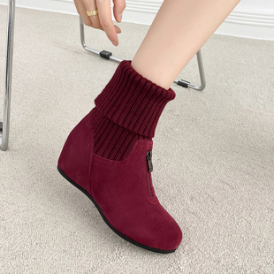 内增高短靴女马丁靴秋冬款 多穿袜靴毛线靴子 坡跟平底踝靴磨砂女鞋