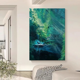 丁达尔效应手绘油画客厅抽象绿色森林风景落地装饰画玄关肌理挂画