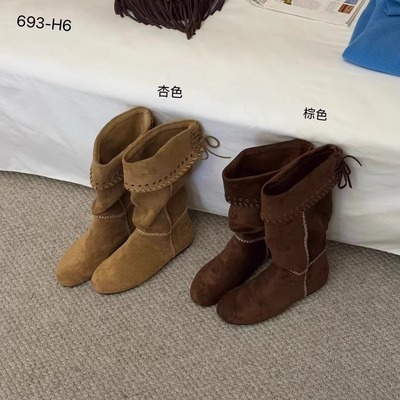 欧宝磨砂绒面堆堆靴中筒西部靴女