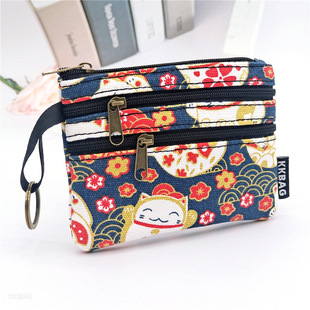 咔咔部落卡通可爱帆布零钱包三层卡包钥匙化妆品零碎收纳包小包