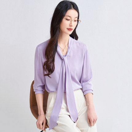 2026轻熟通勤风V领飘带真丝衬衫女浅紫色长袖气质桑蚕丝百搭上衣