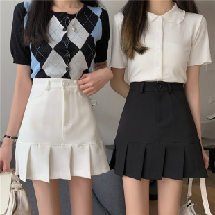 2021春夏新款 显瘦a字裙百搭黑色包臀短裙 高腰百褶裙ins半身裙大码