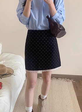 蕾丝花边白色波点半身裙胯大腿粗显瘦大码短裙春季高腰a字包臀裙