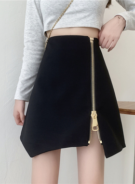 大码高腰a字裙显瘦不规则半身裙女胖nn设计感小众黑色短裙包臀裙