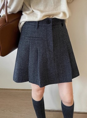 加厚灰色毛呢百褶裙女秋冬半身裙大码高腰百搭显瘦A字防走光短裙