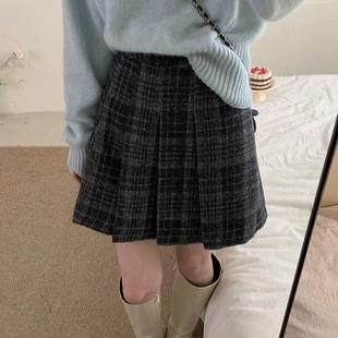 秋冬高腰梨型身材学院风a字短裙女大码灰色百褶裙毛呢格子半身裙
