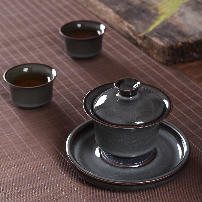 龙泉青瓷茶具复古风三才盖碗茶具铁胎敬茶碗家用大号普洱茶泡茶碗