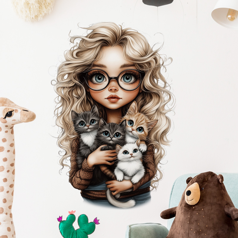 卡通可爱人物女孩抱猫咪墙贴纸自粘温馨墙面装饰贴画宠物店布置图片