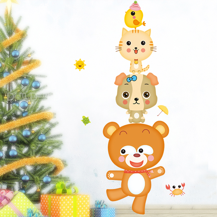 墙贴可爱动物叠罗汉儿童房卧室背景墙贴纸饰贴画幼儿园装饰教室