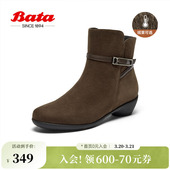 Bata时装 粗跟百搭羊皮通勤软底短筒靴AIK45CD4 靴女秋商场新款