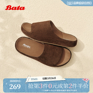 AUH08CT5 牛剖皮百搭厚底一字凉拖鞋 Bata外穿拖鞋 女秋商场新款