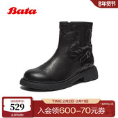 商场新款 Bata时装 靴女2025冬季 加绒粗跟羊皮通勤短筒靴AD740DD5