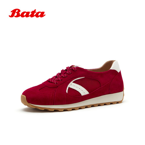 Bata红丝绒阿甘鞋女2026春季商场新款休闲通勤羊皮运动鞋AAK32AM6