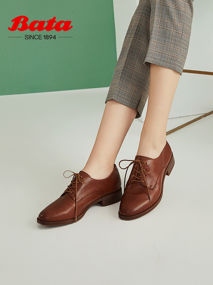 Bata British style small leather shoes women's autumn shopping mall new retro all-match leather flat soft sole shoes AWG48CM0