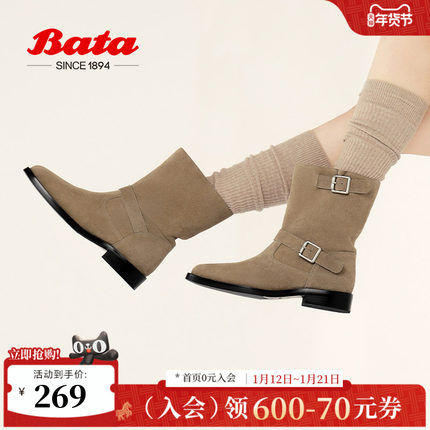 Bata巴扣靴时装靴女冬百搭西部复古粗跟时尚中筒靴53526DZ4