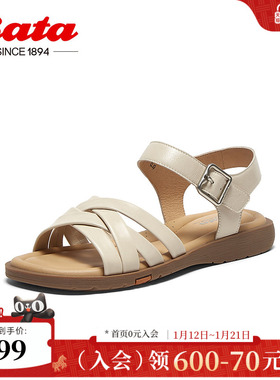 Bata时装凉鞋女商场新款羊皮舒适软底一字带凉鞋AYJ07BL5