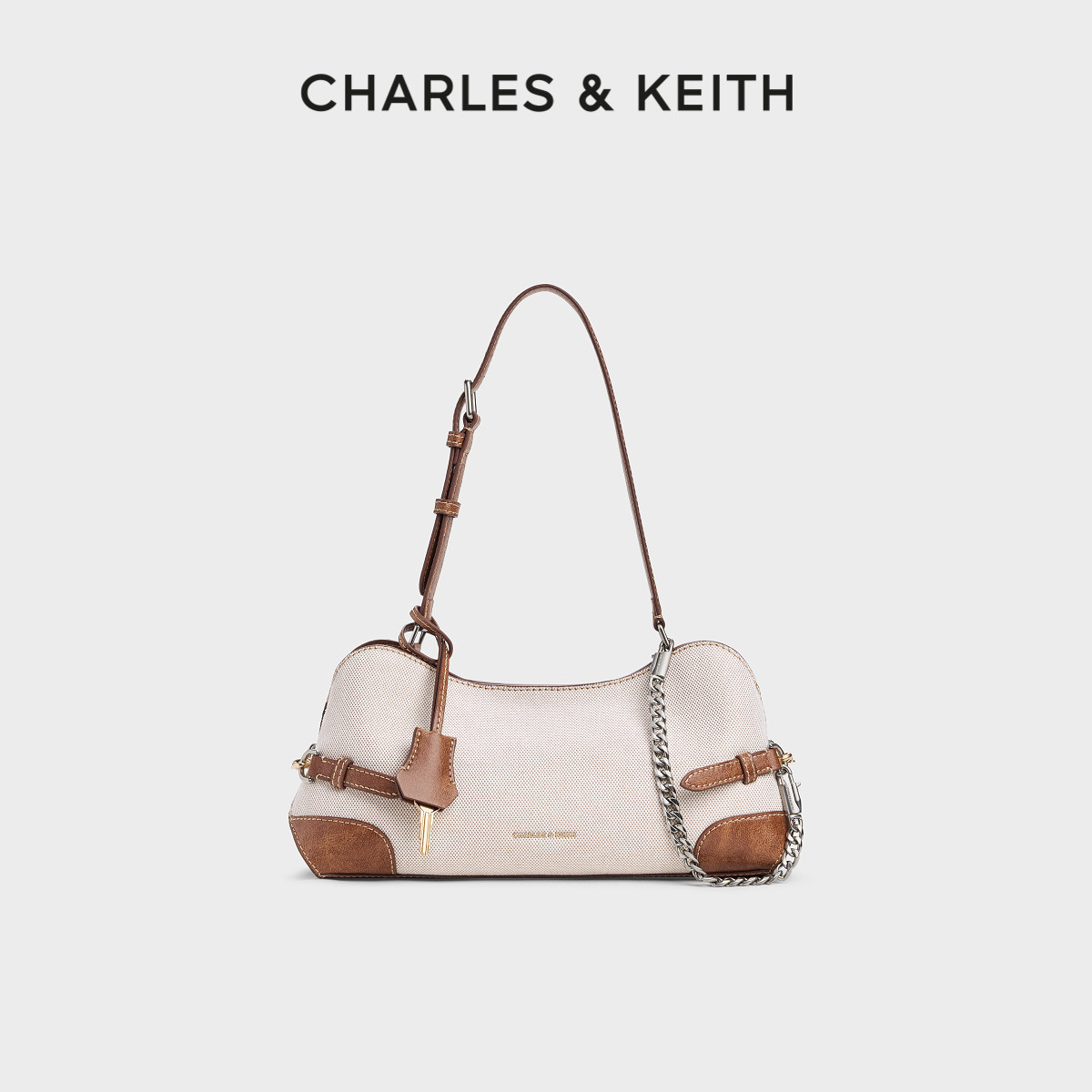 CHARLES&KEITH26夏新品CK2-20271742-1帆布腋下法棍包枕头包hobo