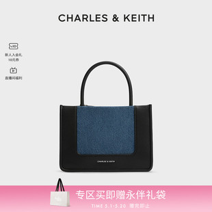 30701396 CHARLES&KEITH24春季 新品 CK2 1拼接牛仔手提帆布托特包