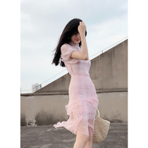 Pink dress usually can wear medium and long slim Chinese small evening dress female temperament banquet dress celebrity