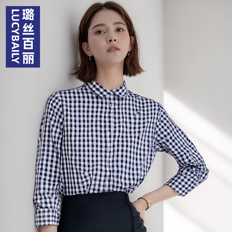 蓝白格子衬衫女长袖职业面试衬衣