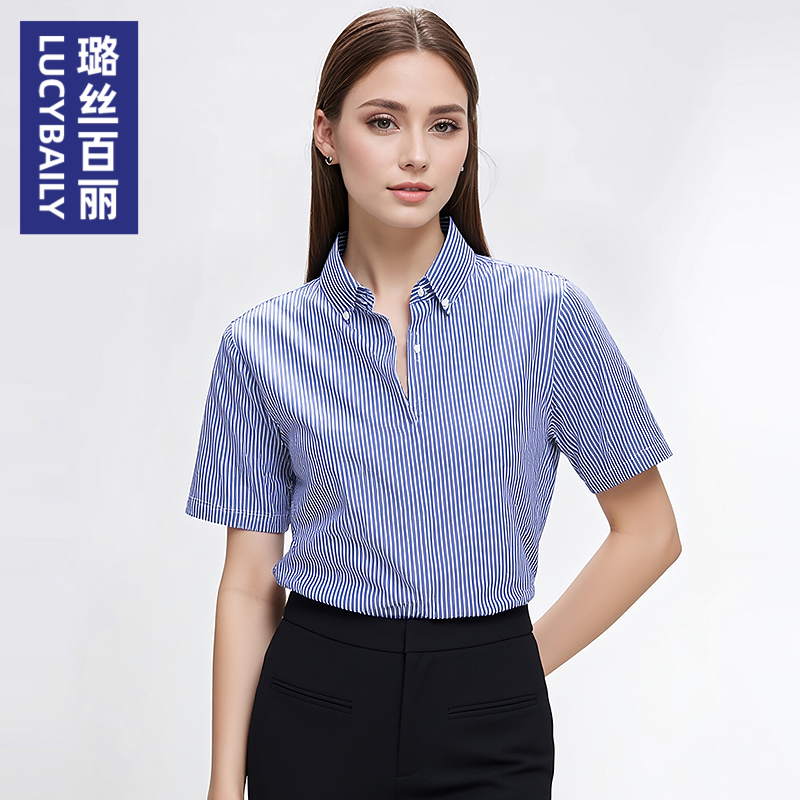 璐丝百丽2025新款条纹衬衫女职业OL短袖衬衣气质教资面试上衣通勤