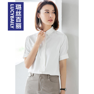 夏天雪纺上衣飘带衬衣职业装 璐丝百丽白色领带衬衫 短袖 薄款 女夏季