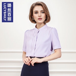 气质通勤2025 立领衬衣时尚 璐丝百丽短袖 女夏雪纺上衣独特别致衬衫