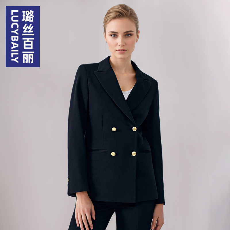 璐丝百丽藏青色西装外套女职业商务气质正装工作服双排扣西服套装