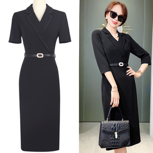 2026春夏新款黑色短袖连衣裙女七分袖职业装长袖中长款西装领裙子