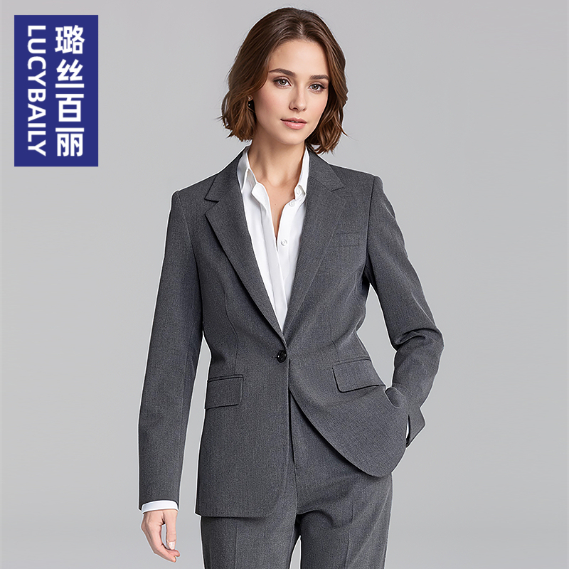 璐丝百丽高端灰色西装外套女中长款职业通勤正装OL面试西服工作服