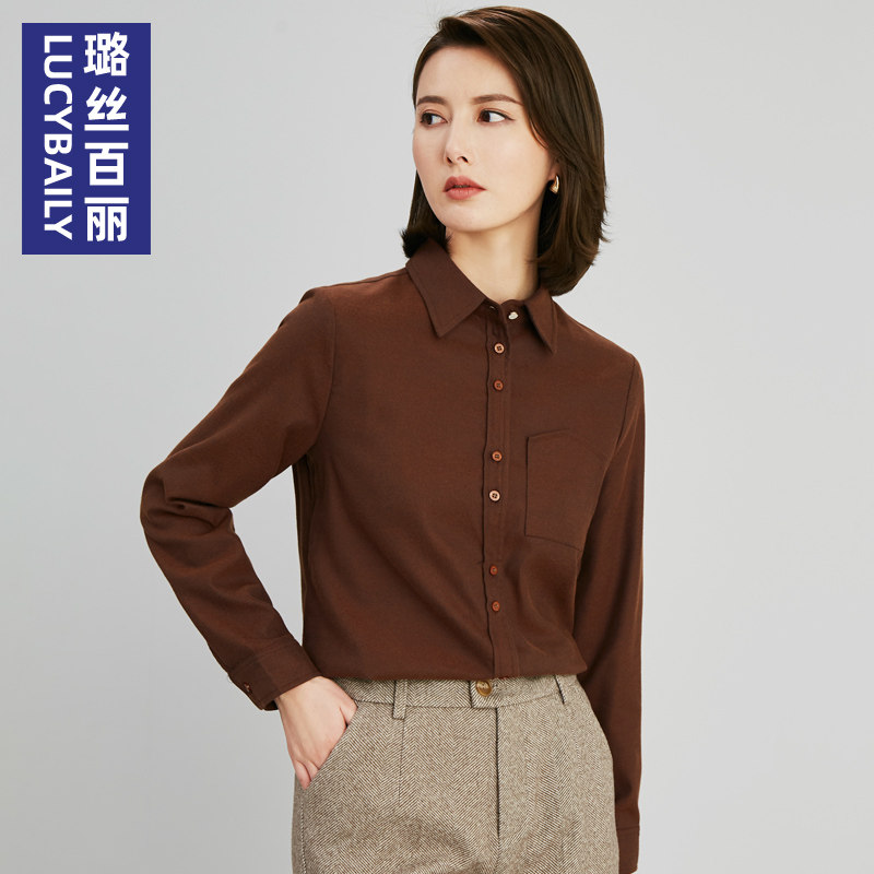 璐丝百丽咖色磨毛棉质复古风衬衫