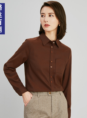 咖色磨毛衬衫女别致长袖春秋法式棉质衬衣职业女装气质复古ol上衣