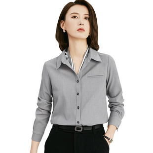 灰色磨毛衬衫女长袖职业女装春秋法式新款气质高端别致百搭衬衣