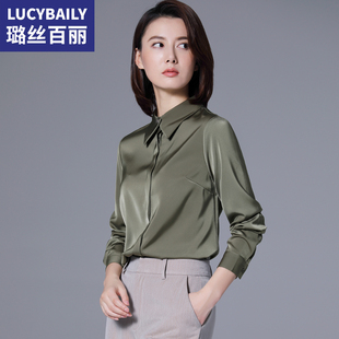 璐丝百丽军绿色尖领衬衫 春缎面雪纺衬衣气质设计感小众上衣 女长袖