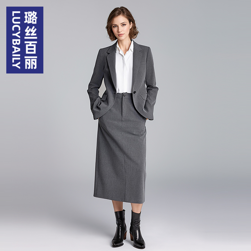 璐丝百丽灰色面试职业西装套裙女高级感商务通勤气质正装工作服