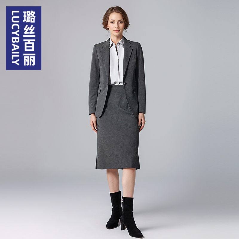 璐丝百丽灰色西装套装女春秋季新款小个子职业面试正装西服套裙