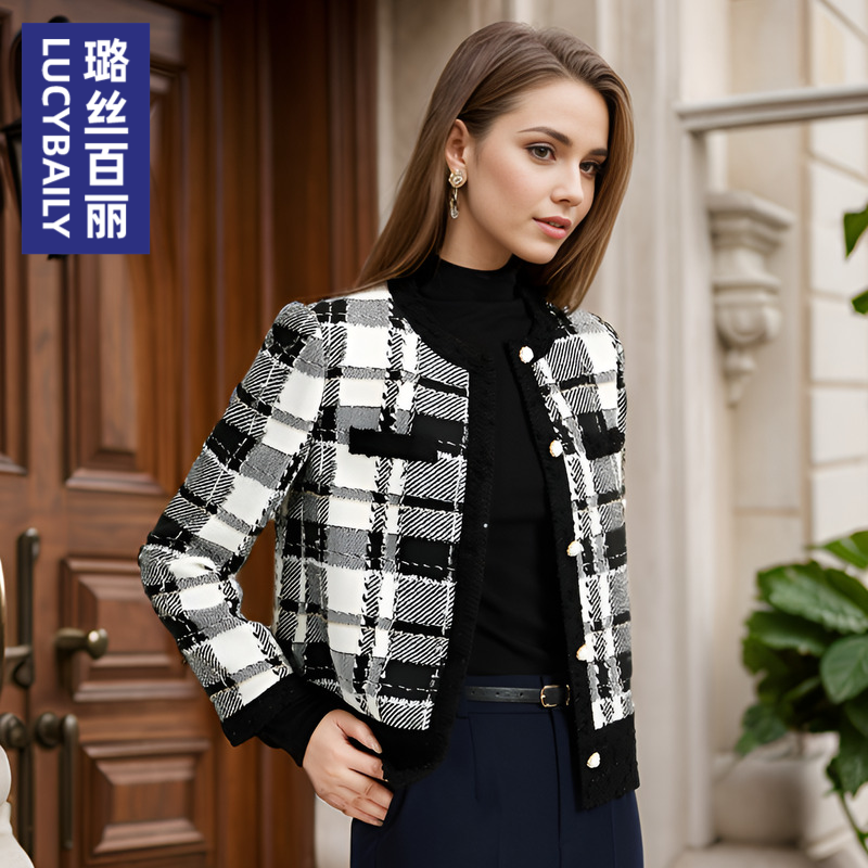 璐丝百丽新款时尚女装百搭小香风粗花呢外套潮流气质优雅名媛风