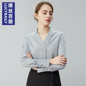 v领上衣2026春秋宽松职业洋气衬衣 衬衫 璐丝百丽灰色雪纺衫 女长袖