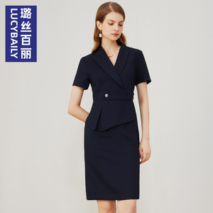璐丝百丽藏青色西装裙夏连衣裙女薄款短袖高端职业装收腰气质裙子