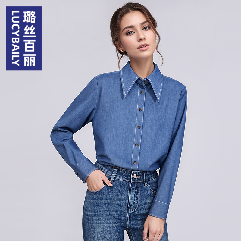 2025新款春秋季时尚衬衫女长袖上衣翻领百搭衬衣复古宽松显瘦职业