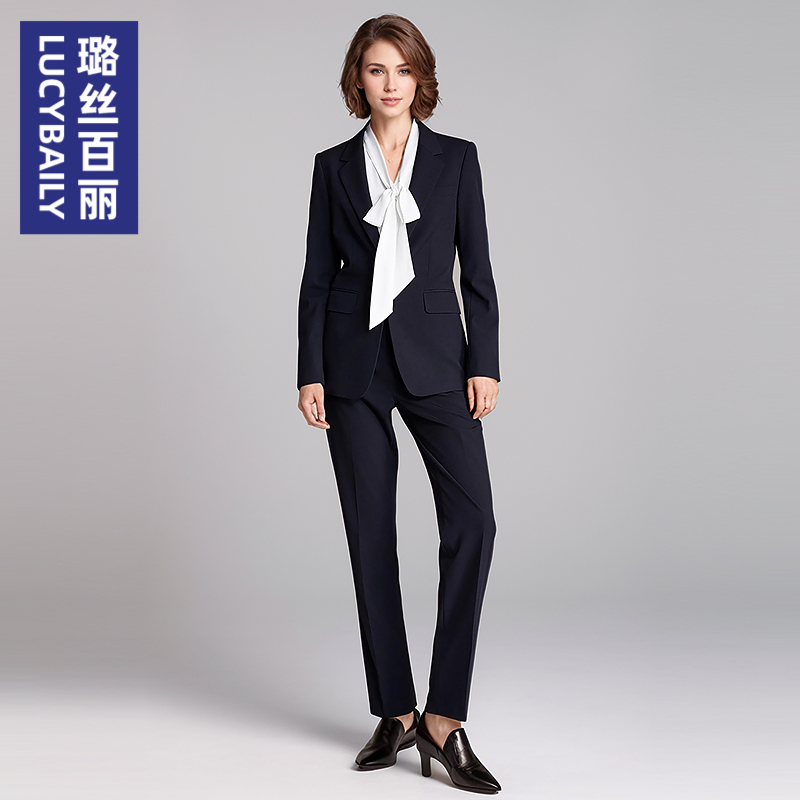 璐丝百丽藏青色职业套装女修身小个子公务员面试正装高端西服外套