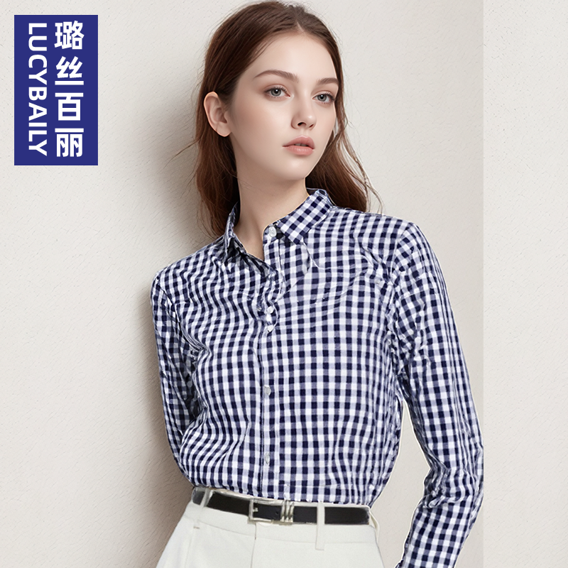 蓝白格子衬衫女长袖职业面试衬衣