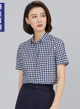 璐丝百丽蓝色小格子衬衫女夏款短袖纯棉薄款衬衣职业新款长袖格纹