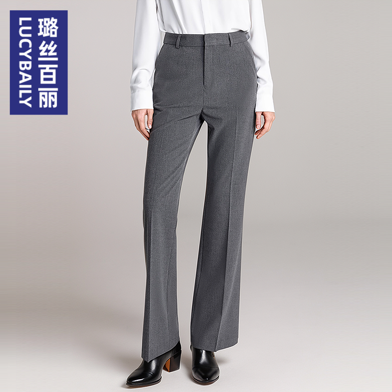 璐丝百丽灰色微喇西装裤女春秋季高腰垂感商务职业面试正装喇叭裤