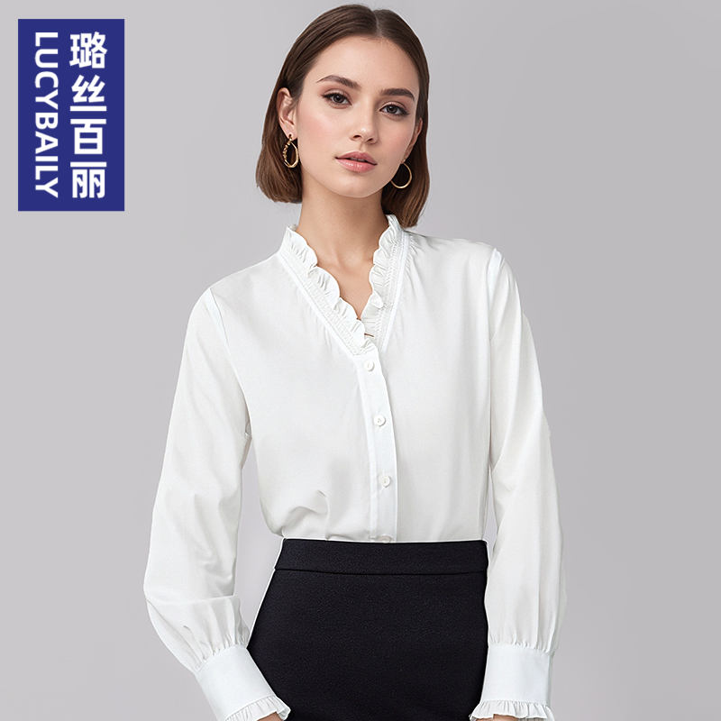 2025新款法式v领长袖衬衫女减龄木耳边通勤时尚气质职业衬衣上衣