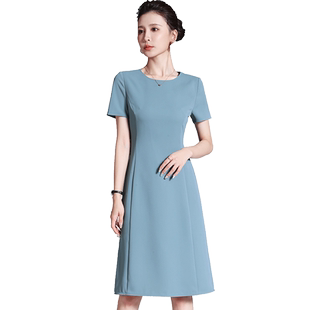 璐丝百丽圆领连衣裙女短袖夏中长款高端职业时尚气质正装显瘦裙子