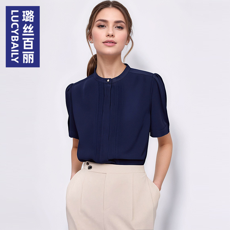 璐丝百丽立领短袖雪纺衬衫女时尚百搭上衣2025新款修身显瘦潮流