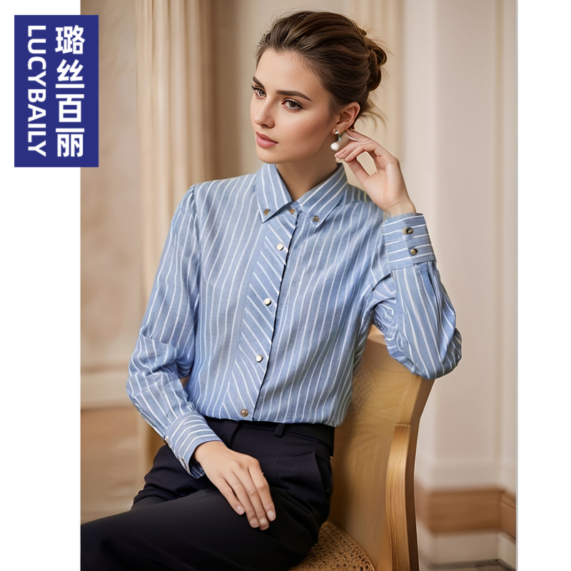 璐丝百丽新款春秋时尚百搭长袖条纹衬衫女显瘦设计感上衣法式高级
