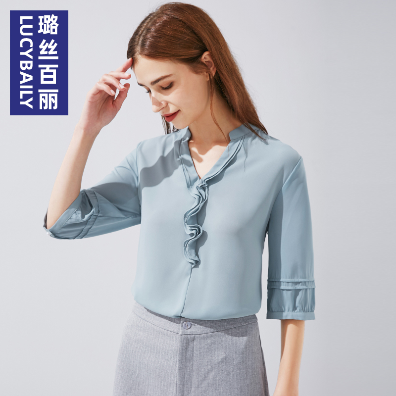 璐丝百丽绿色v领中袖耳边雪纺衫
