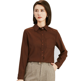 咖色磨毛衬衫女别致长袖春秋法式棉质衬衣职业女装气质复古ol上衣